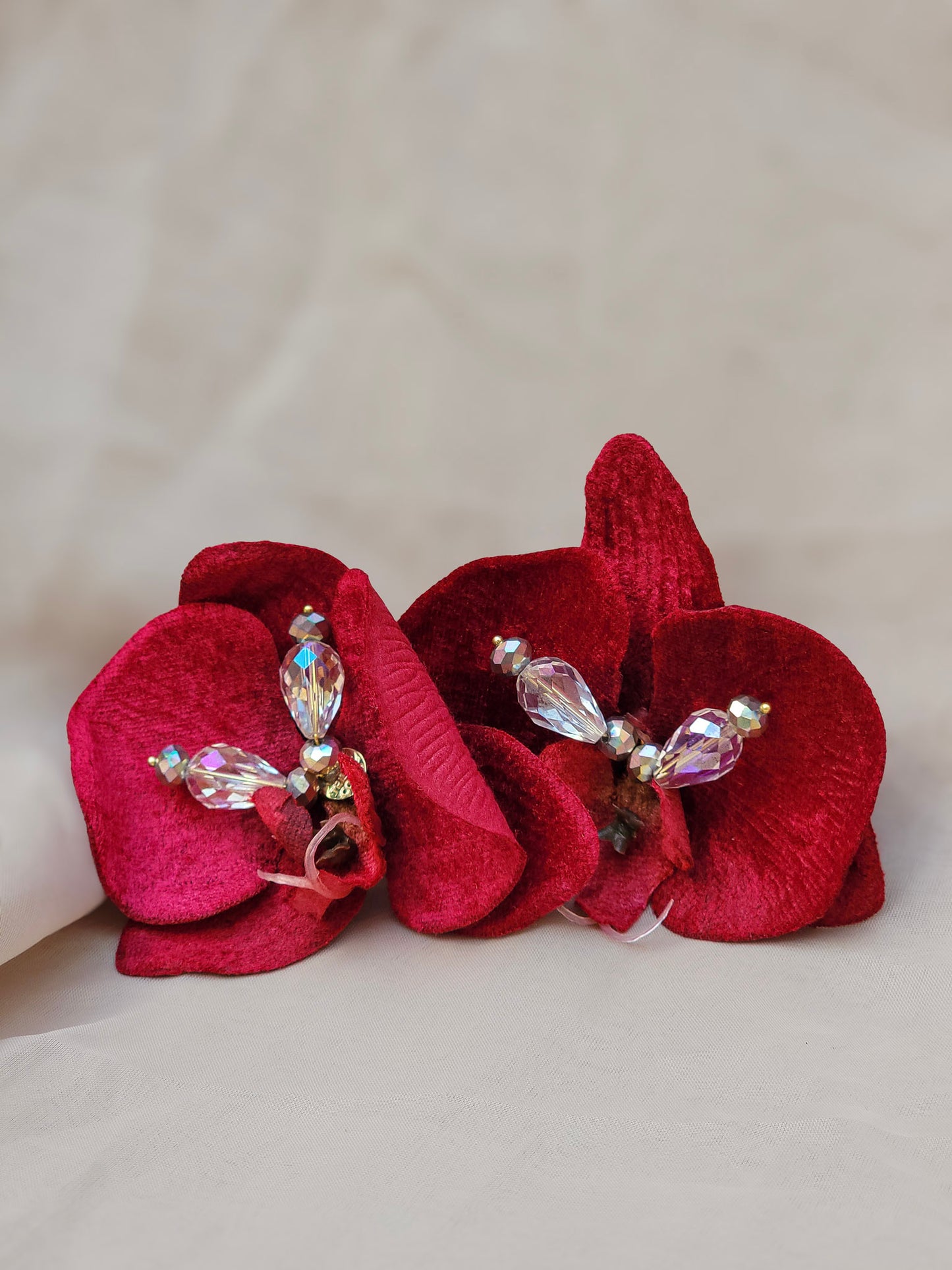 Velvet Desire – Handmade Red Orchid with Crystal Bloom