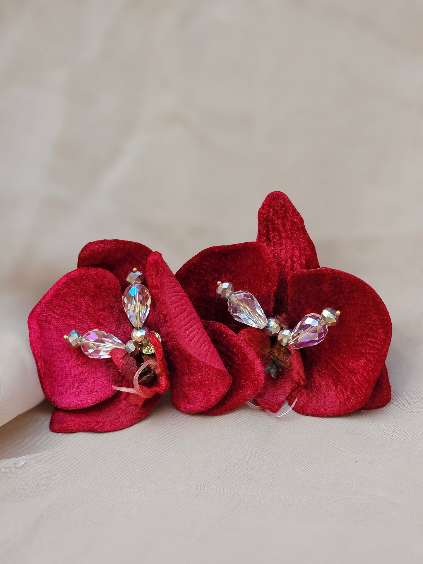 Velvet Desire – Handmade Red Orchid with Crystal Bloom