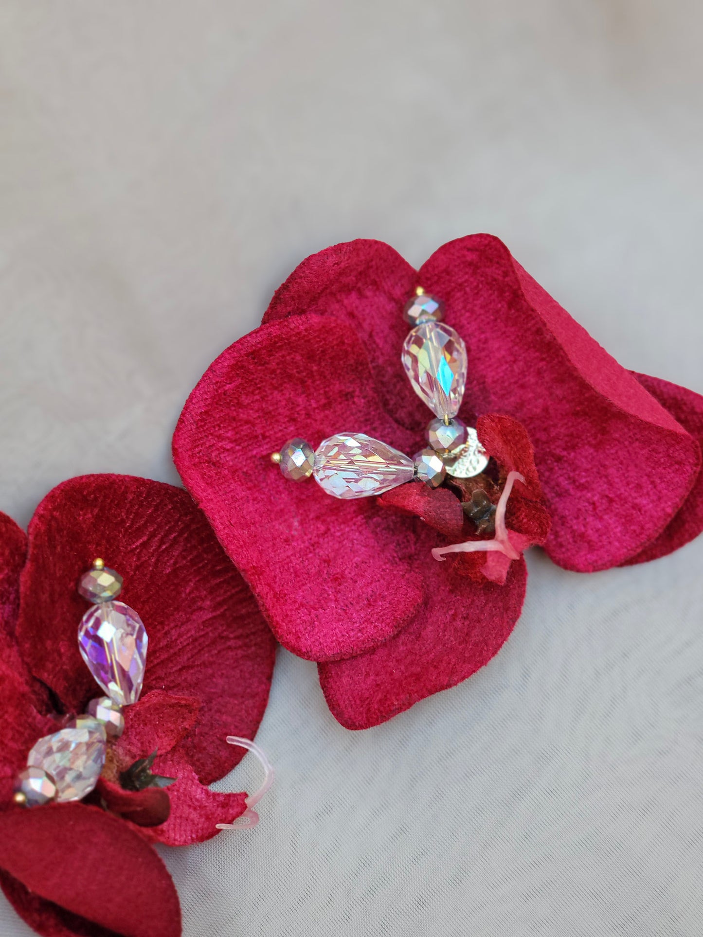 Velvet Desire – Handmade Red Orchid with Crystal Bloom