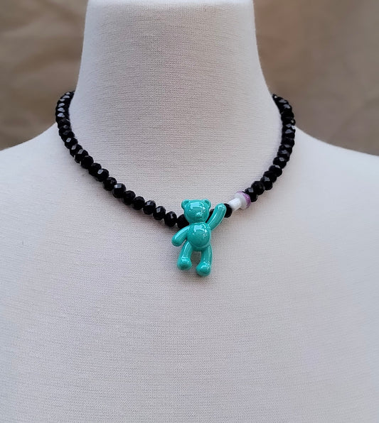 Black crystal necklace with turquoise bear charm – Trish T CoCo