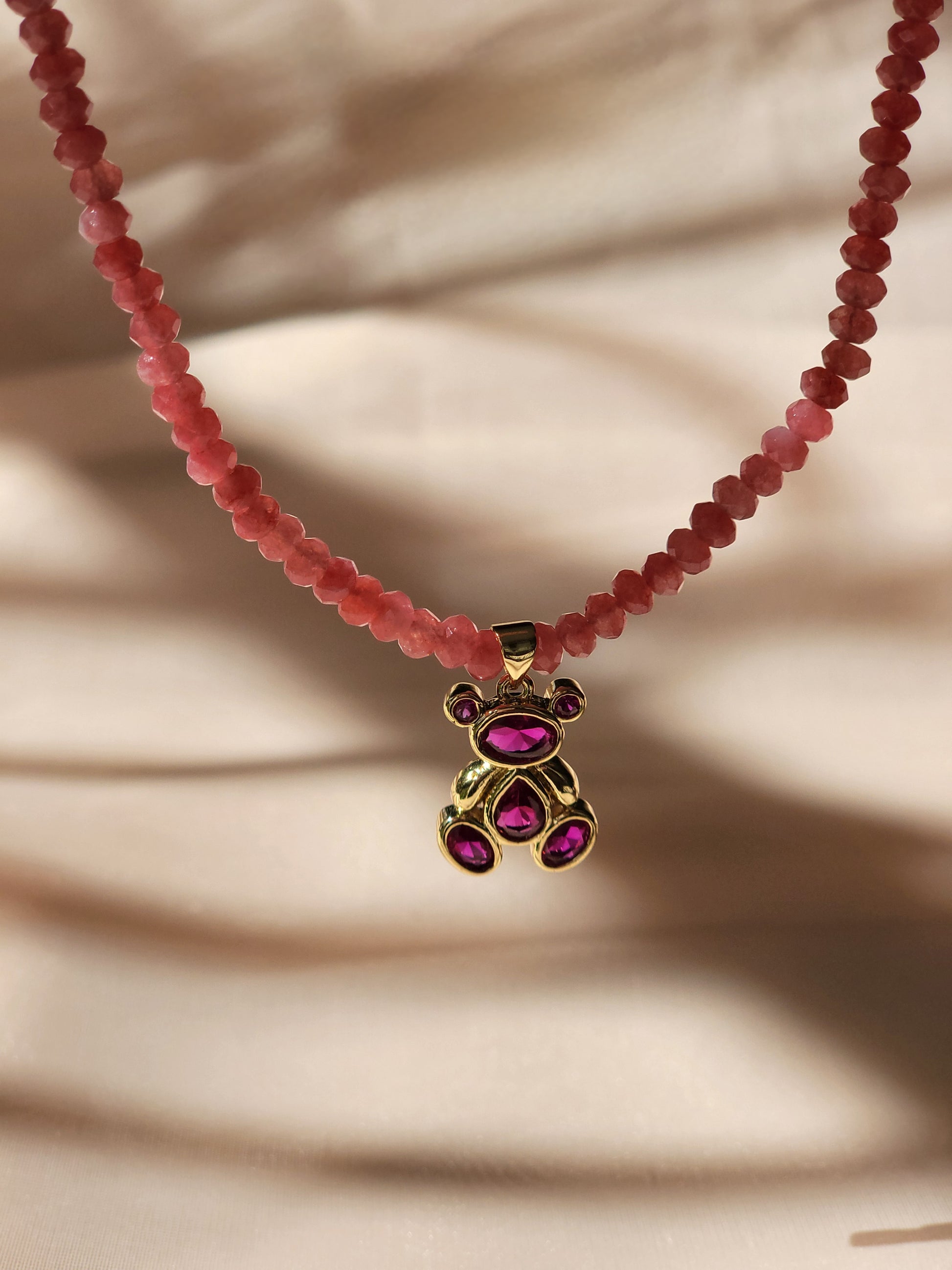 Handmade enamel teddy bear necklace in magenta – Trish T CoCo