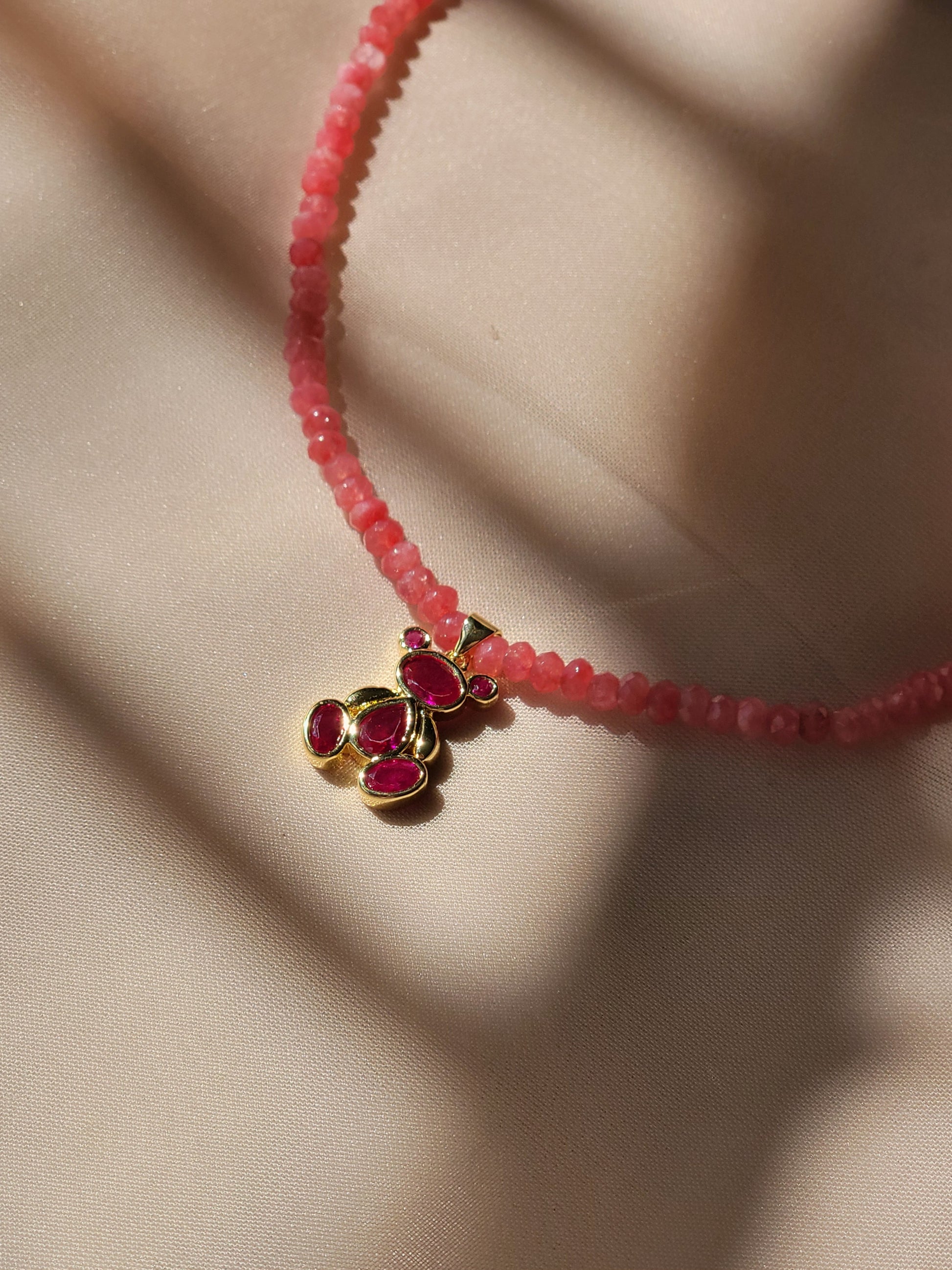 Pink gemstone necklace with teddy charm – Trish T CoCo