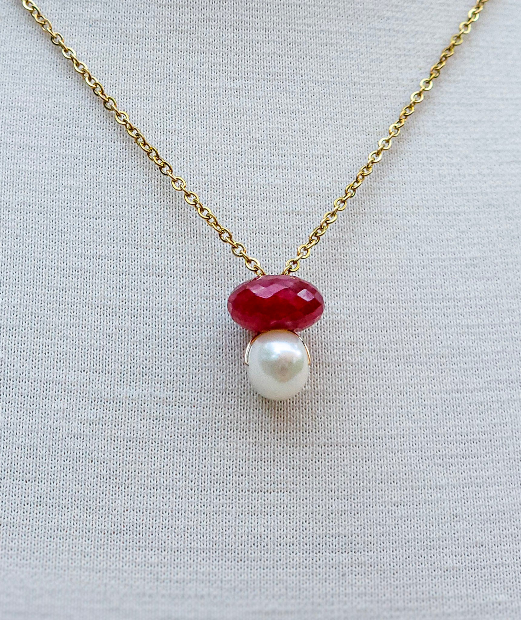 Ruby and pearl pendant close up – Trish T CoCo