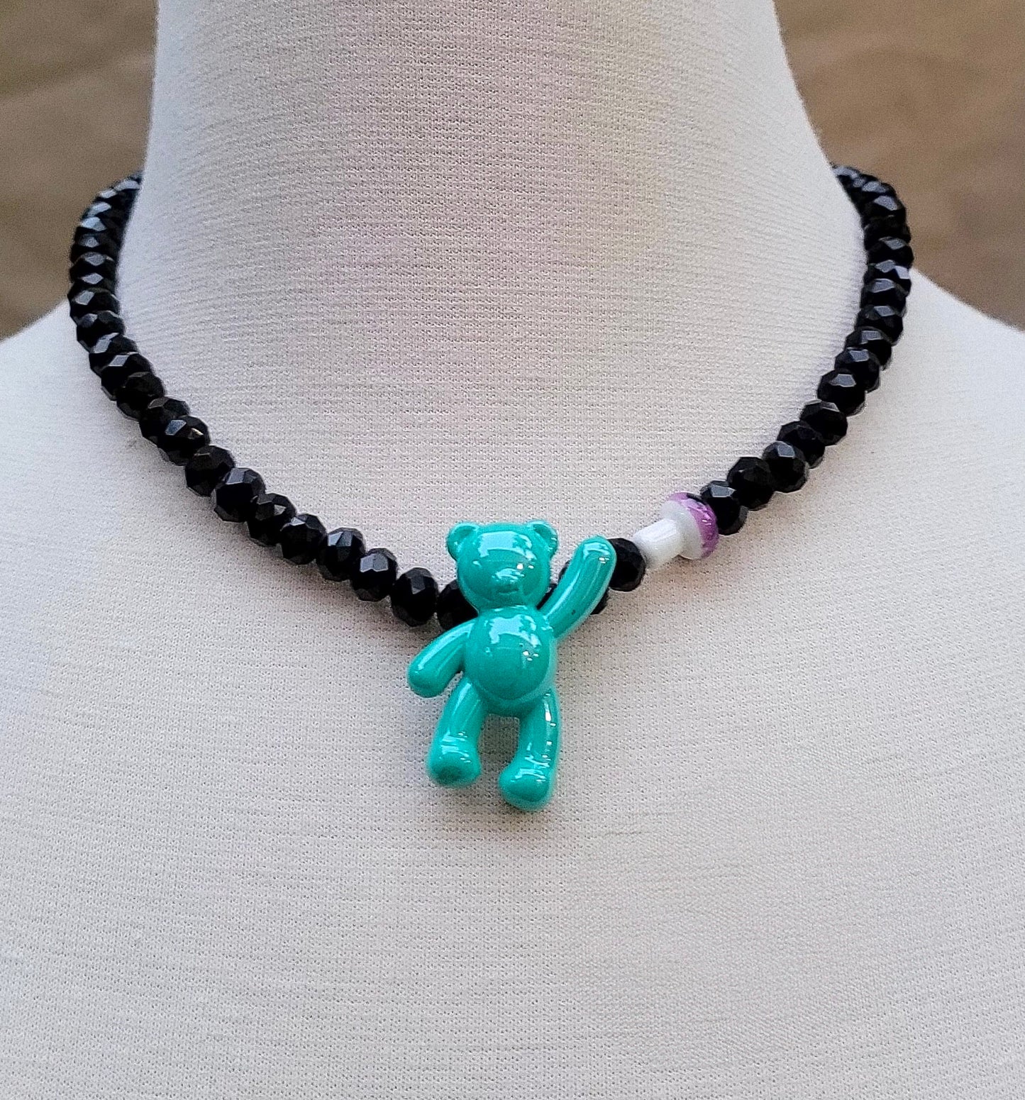 Y2K enamel bear necklace with black beads – Trish T CoCo