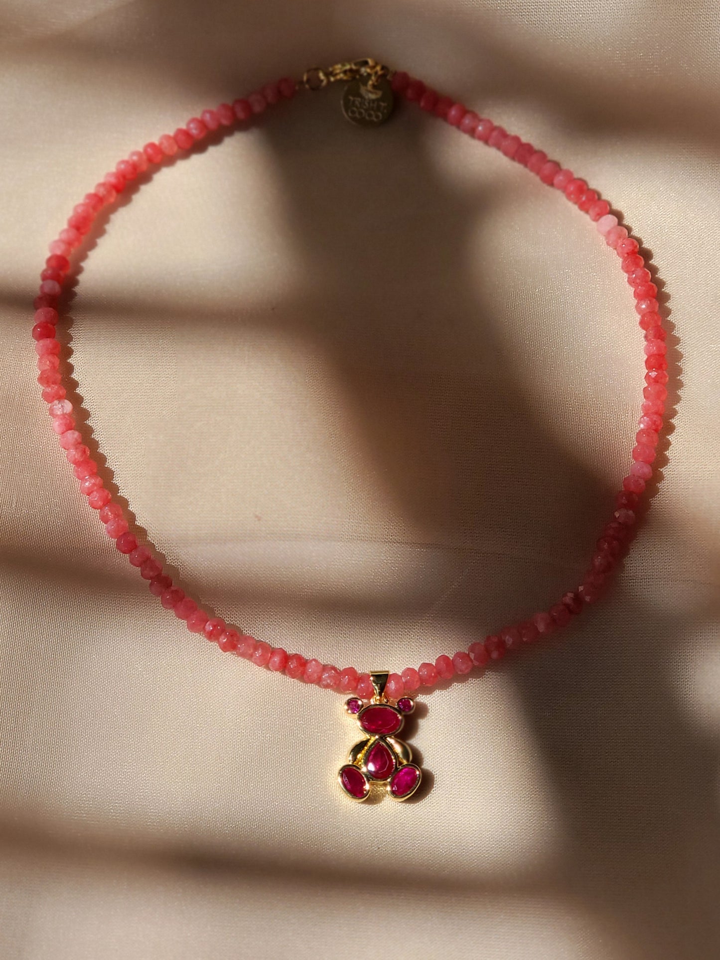 Pink gemstone necklace with teddy charm – Trish T CoCo/ Handmade enamel teddy bear necklace in magenta – Trish T CoCo