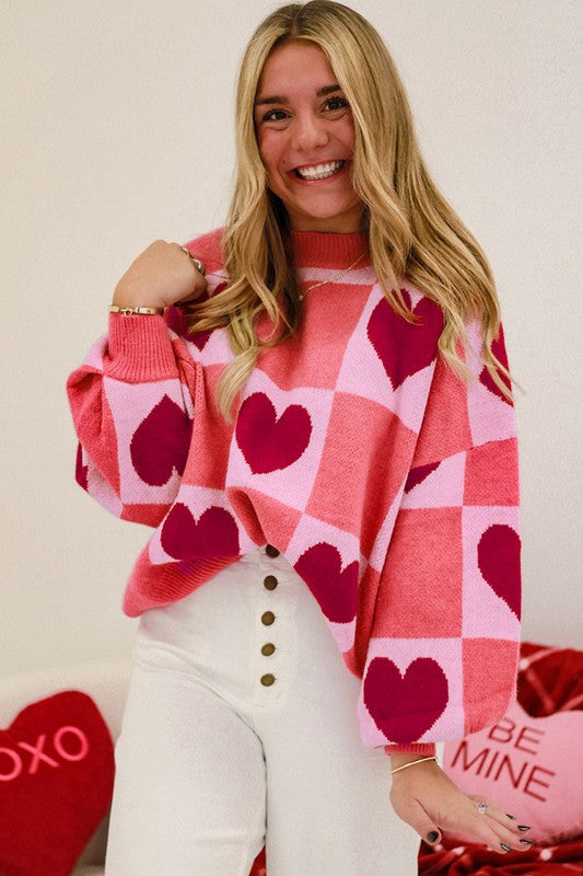 Pink Plus Size Love Heart Block Valentine Sweater