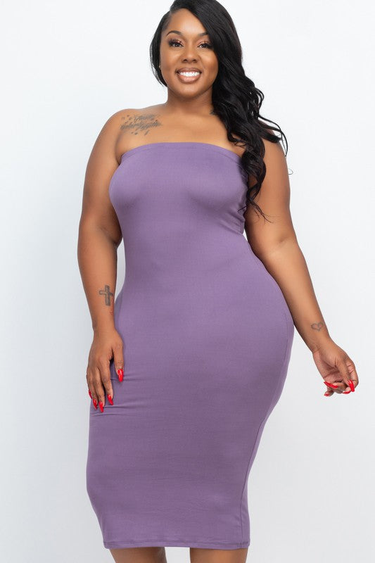 Plus Size Solid Strapless Tube Bodycon Midi Dress