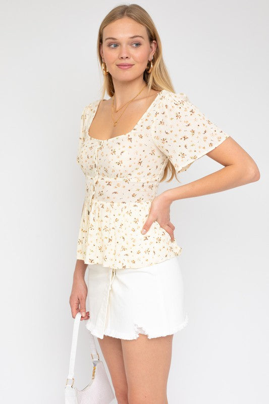 S/S Button Down Back Smocking Ditsy Print Top