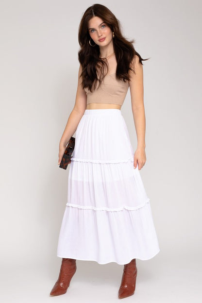 Elastic Waist Merrow Edge Tiered Midi Skirt