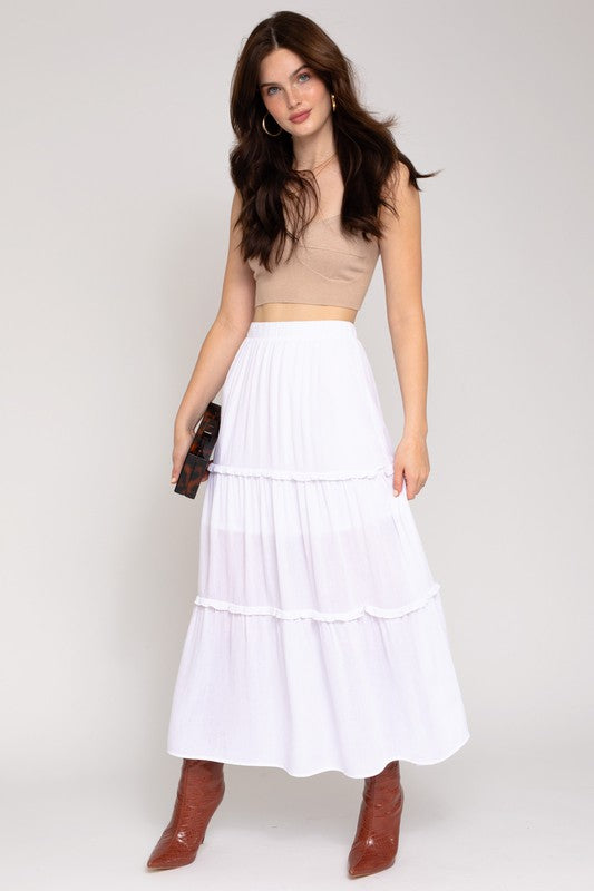 Elastic Waist Merrow Edge Tiered Midi Skirt