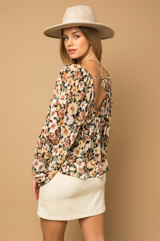 L/S V-Neck Shirring Floral Print Top