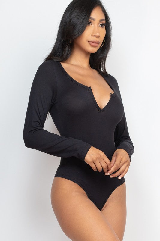 Split Neck Solid bodycon sexy Bodysuit