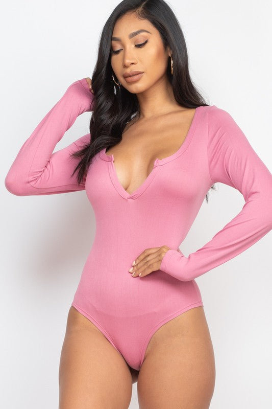 Split Neck Solid bodycon sexy Bodysuit