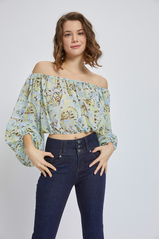 Scoop neck long puff sleeve blouse top