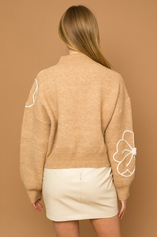 Flower Embroidery Mock Neck Sweater