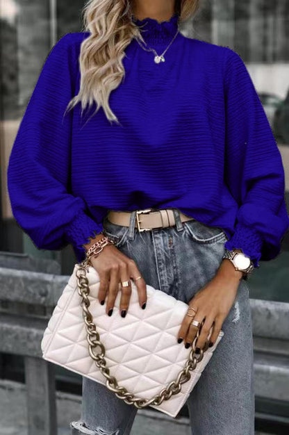 Ruffle Hem Mock Neck Puff Sleeve Top