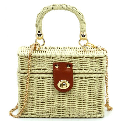 Straw Boxy Satchel Crossbody Bag