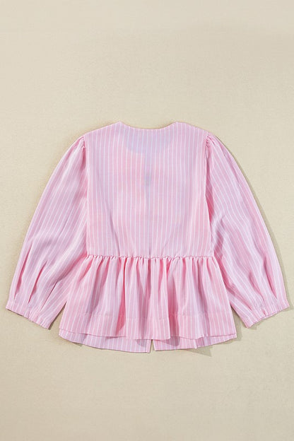 Stripe Bowknot Front Crew Neck Puff Sleeve Blouse