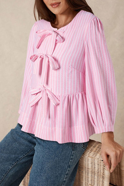 Stripe Bowknot Front Crew Neck Puff Sleeve Blouse