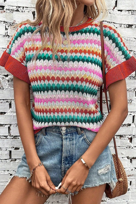 Women Ruffle Sleeve Colorful Textured Sweater