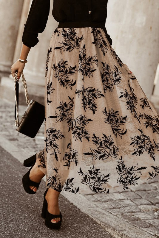 Women Leaves Embroidered High Waist Maxi Skirt