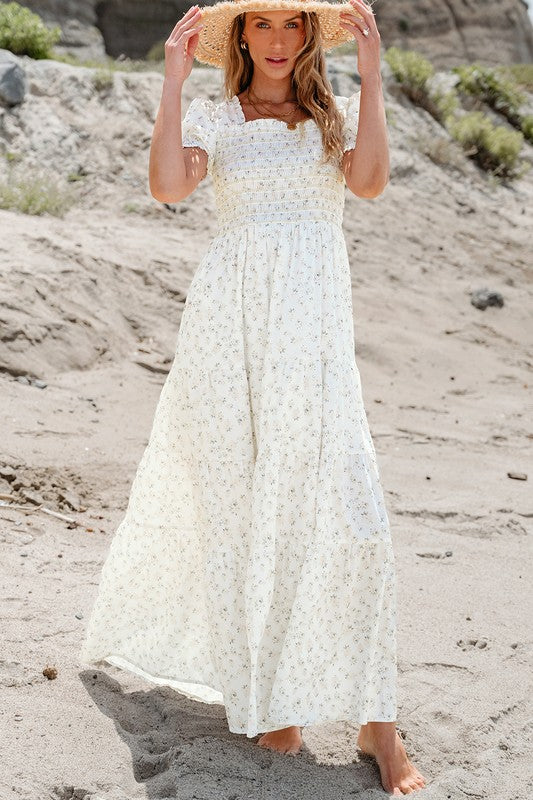 Women Shirred Bodice Tiered Floral Maxi Dress