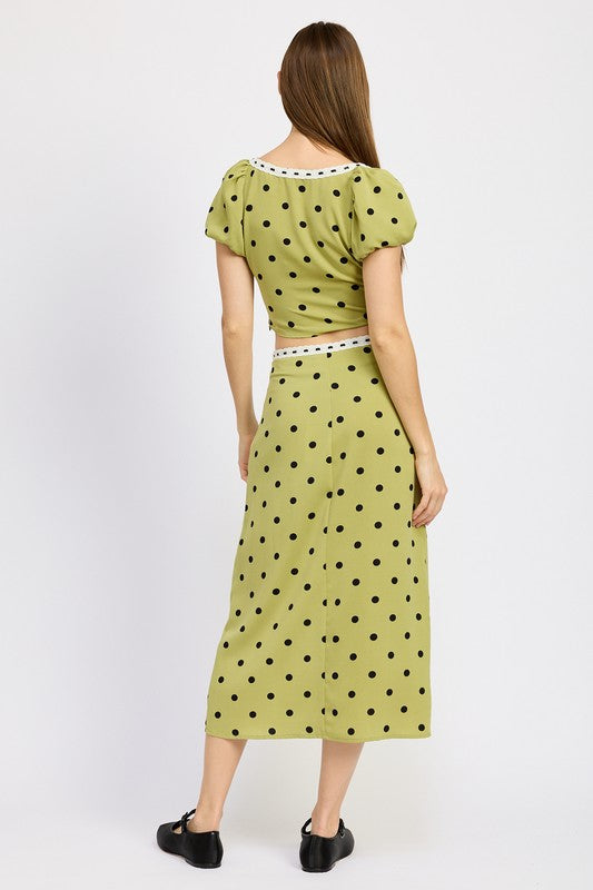 POLKA DOT MIDI SKIRT WITH LACE TRIM