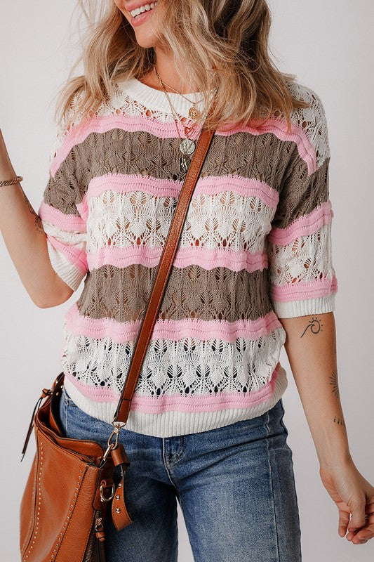 Women Stripe Color Block Half Sleeve Sweater