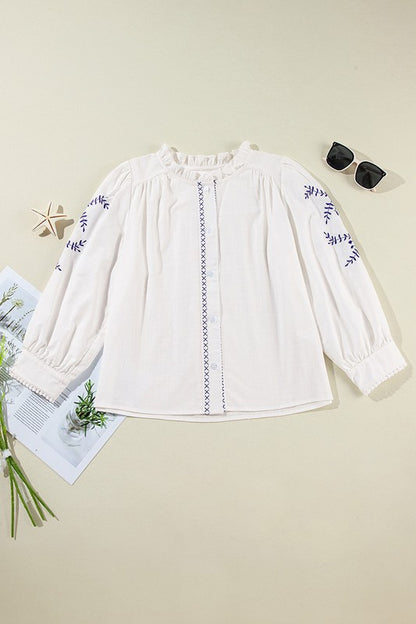 Women Floral Embroidered Bracelet Sleeve Shirt