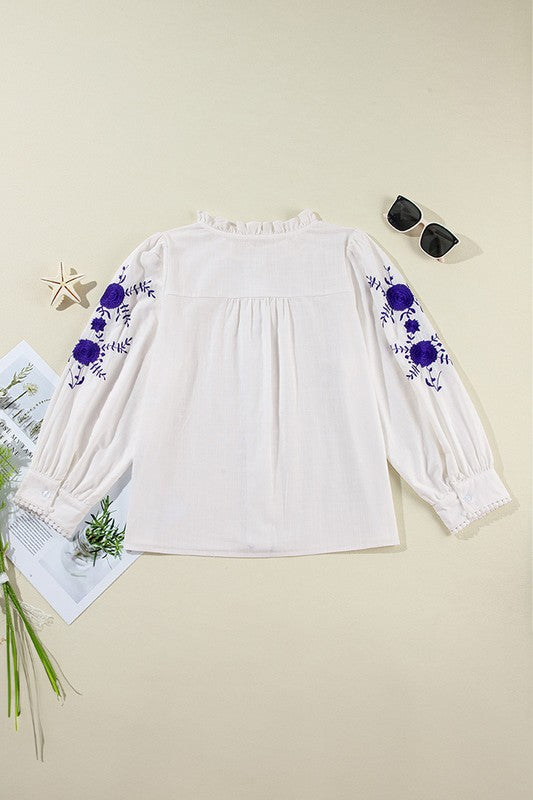 Women Floral Embroidered Bracelet Sleeve Shirt