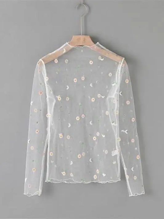 Mesh flower pattern long sleeve top