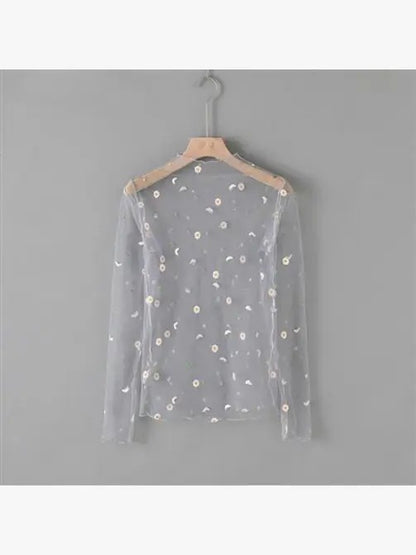 Mesh flower pattern long sleeve top