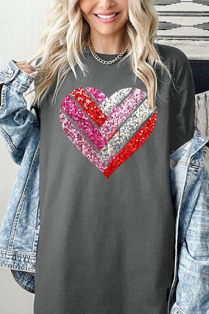 Faux Sequins Striped Heart Graphic Plus Tee