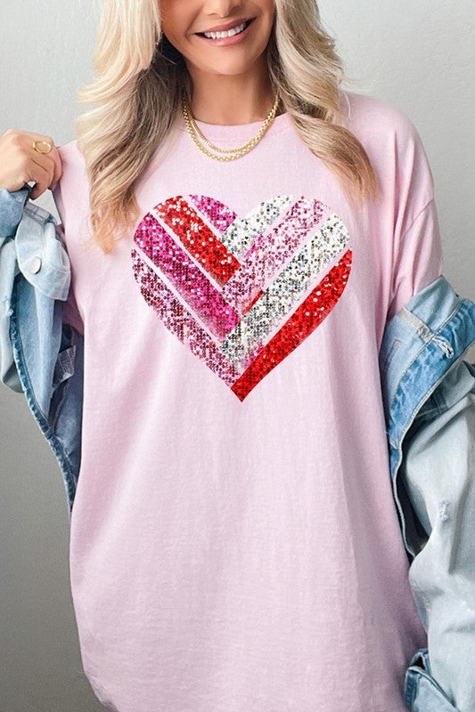 Faux Sequins Striped Heart Graphic Plus Tee