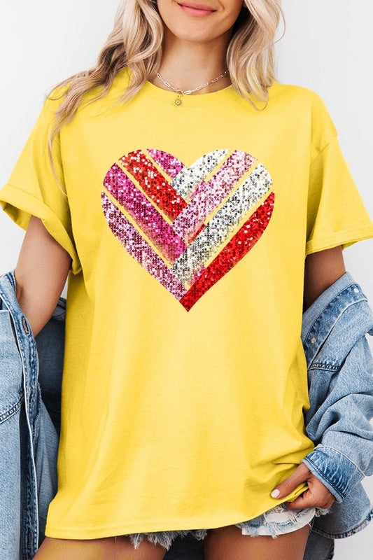 Faux Sequins Striped Heart Graphic Plus Tee