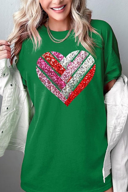 Faux Sequins Striped Heart Graphic Plus Tee