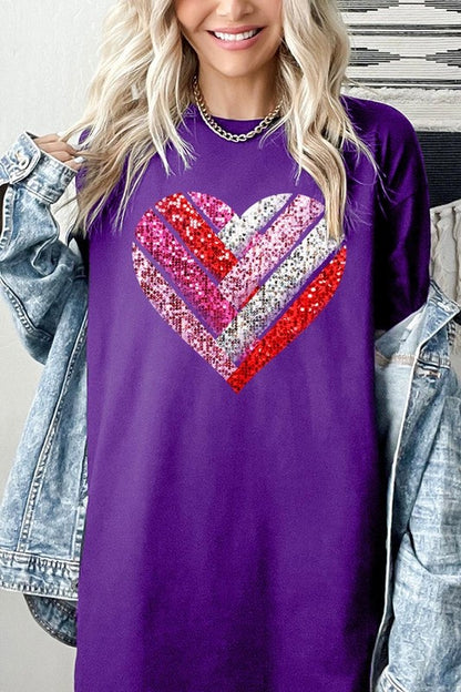 Faux Sequins Striped Heart Graphic Plus Tee