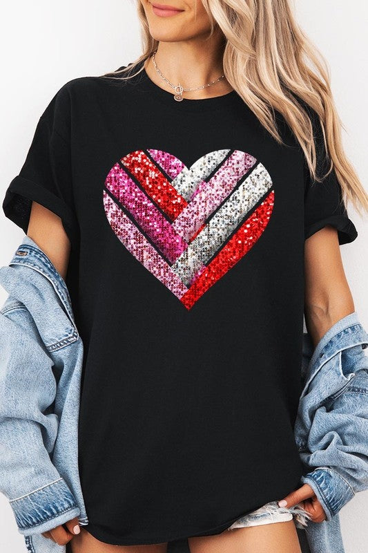 Faux Sequins Striped Heart Graphic Plus Tee