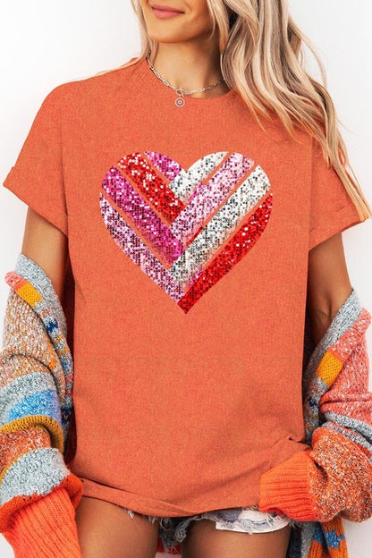 Faux Sequins Striped Heart Graphic Plus Tee