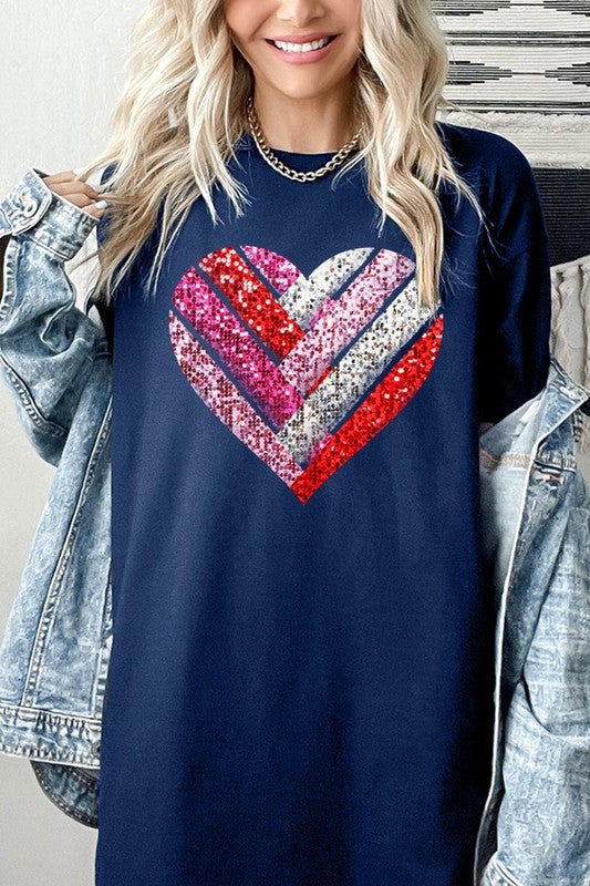 Faux Sequins Striped Heart Graphic Plus Tee