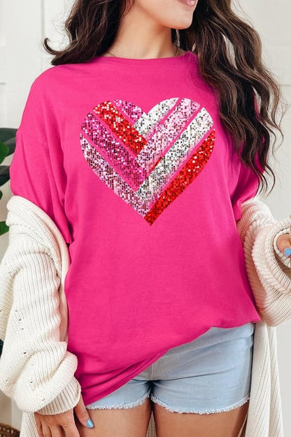 Faux Sequins Striped Heart Graphic Plus Tee