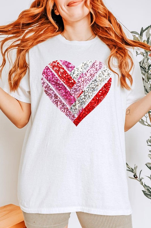 Faux Sequins Striped Heart Graphic Plus Tee