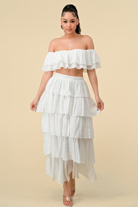 LAYERED OFF SHOULDER TOP AND SKIRT SET