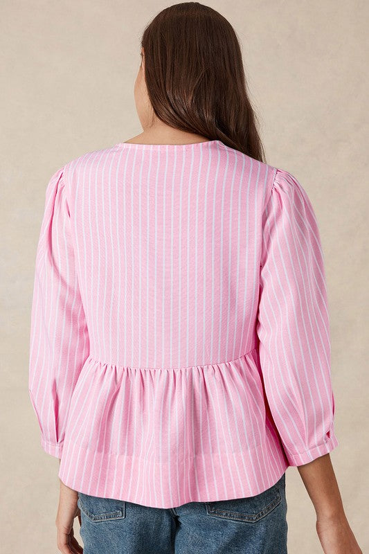 Stripe Bowknot Front Crew Neck Puff Sleeve Blouse