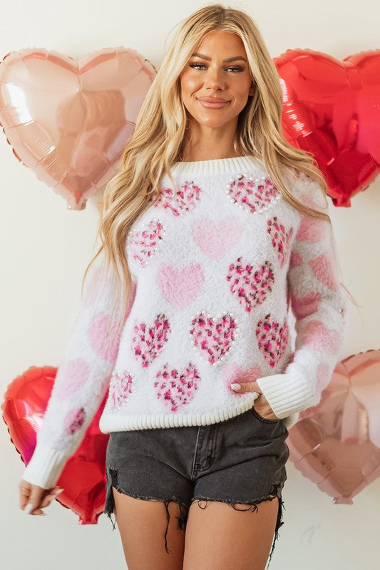 Pink Heart Leopard Print Pearled Sweater