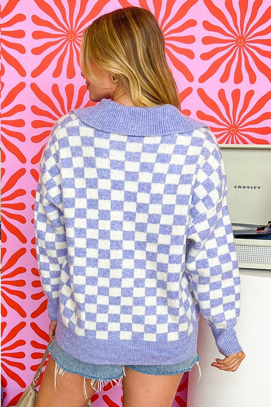 Checkered Collared Buttons Plus Size Sweater