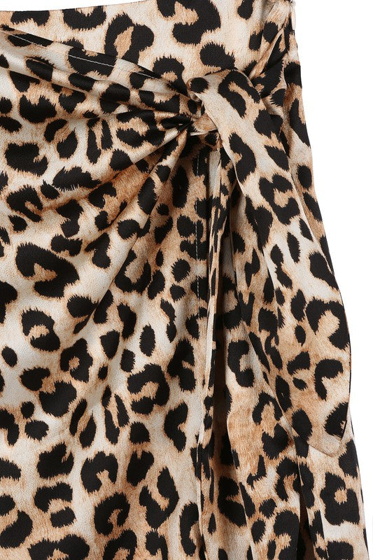 Satin leopard tie skirt