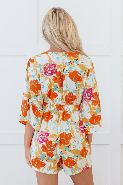 Orange Blooming Floral Print Front Tie Romper