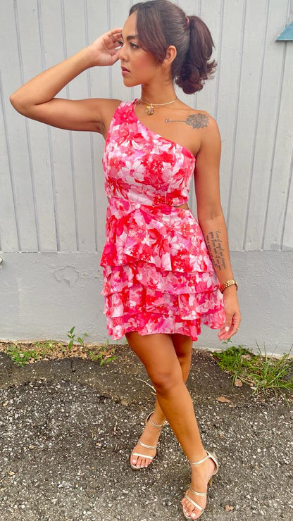 Ruffle Slit Flower Print Dress