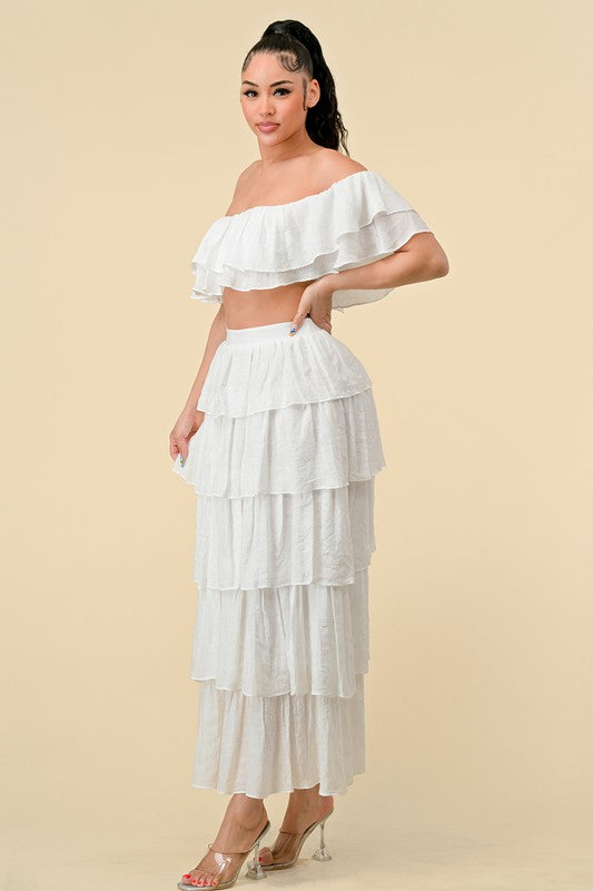 LAYERED OFF SHOULDER TOP AND SKIRT SET